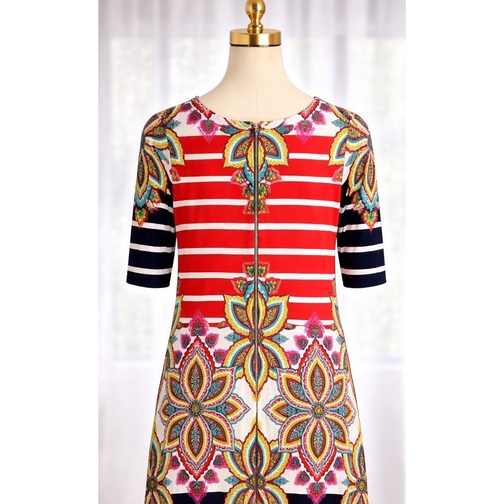 Joseph Ribkoff Dress 12 Orange Black Floral Striped Sheath Jersey‎ Vibrant Artsy - Picture 2 of 12